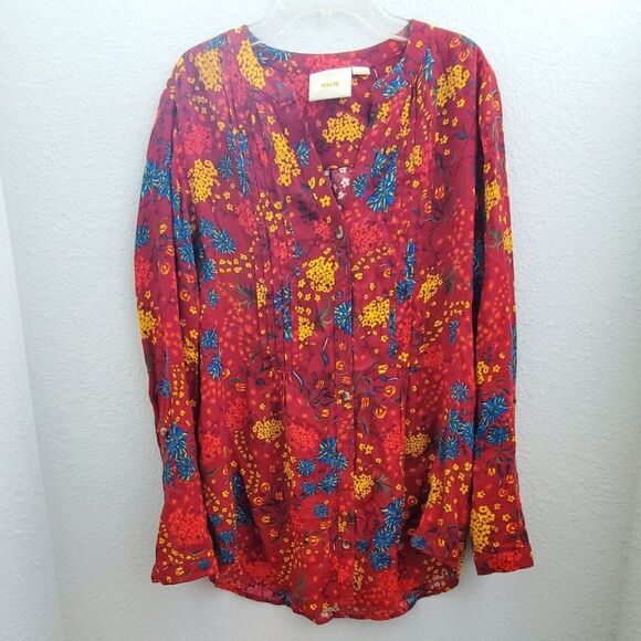 Maeve Tops - Anthropologie Maeve Red Floral Pintuck Roll Tab Sleeve Button Top Women's Medium